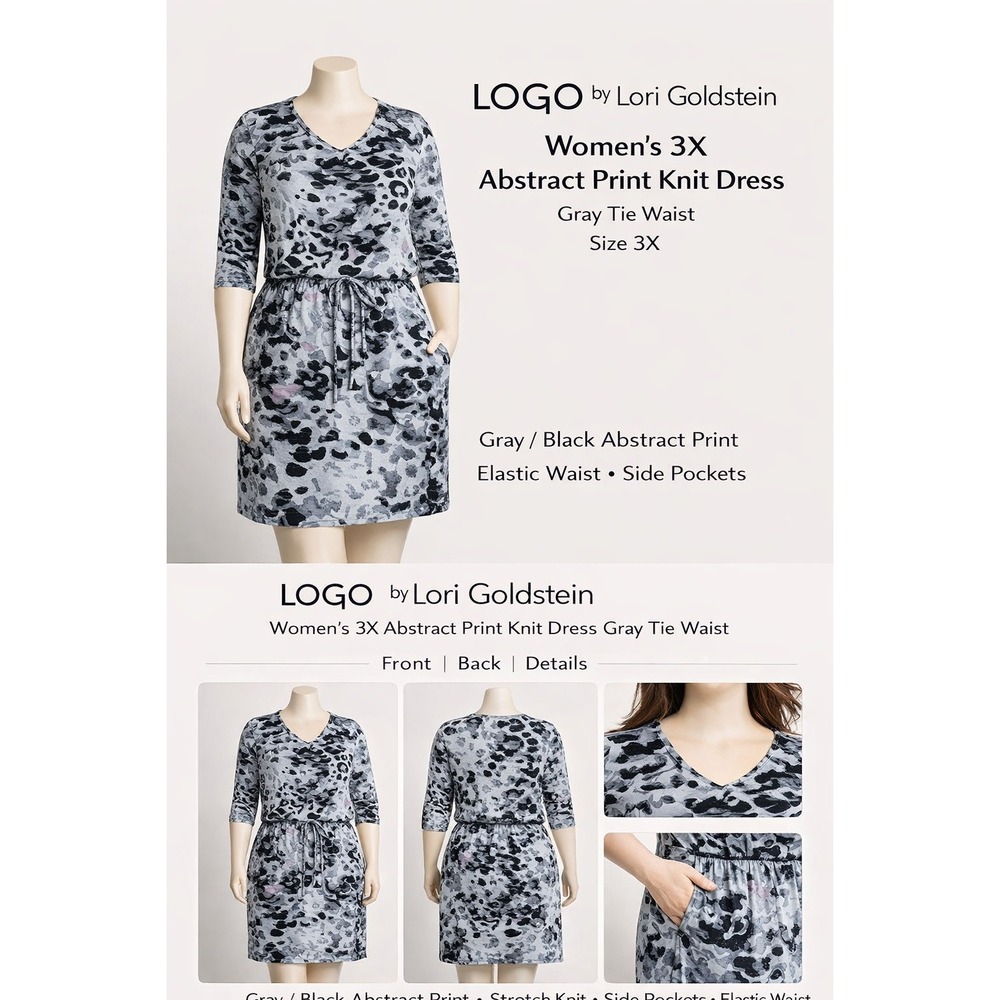 LOGO by Lori Goldstein Womens 3X Abstract Print Knit Dress Gray Tie Waist 231656